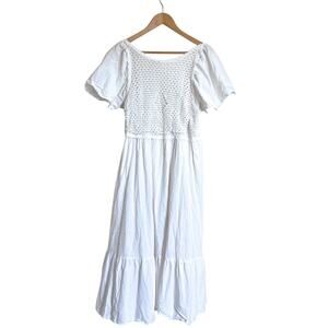 Prairie Boho Peasant Maxi Dress Size XL White Ruffle‎ Smocked Homestead Coastal
